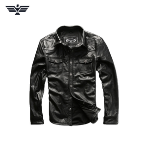 Chaqueta de Cuero Genuino Negra para Hombre, Estilo Motero, Corte Ajustado, Cuello Camisero, Cierre de Cremallera, Secado Rápido, para Otoño, Marca Harley Angel - Product Image 1