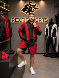 ชุดกันลมไนลอนสีแดงดำแบบสั่งทำพิเศษ REXFIT SPORTS 2026 เสื้อแจ็คเก็ตมีฮู้ดแบบซิปเต็มตัวและกางเกงขาสั้นมีซิป ชุดกีฬาแบบสั่งทำพิเศษ - Product Image 5