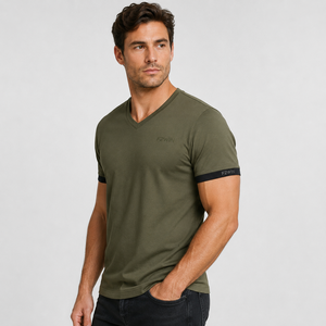 Camiseta de Manga Corta con Cuello en V para Hombre F2WIN, Negra, Corte Regular, Informal, de Forro Polar, Poliéster/Algodón, Transpirable, Diseño Sólido, Logotipo Frontal - Product Image 2