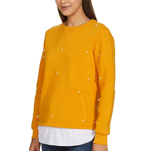 Sweat-shirt en tricot jaune moutarde pour femme, col rond, avec perles, coupe classique, manches longues, vêtement décontracté pour l'automne - Product Image 1