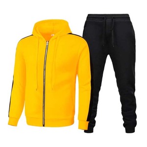Men's <b>Yellow</b> Black <b>Tracksuit</b> Full Zip Hooded Casual Regular Fit Polyester Autumn Wear With Side Pockets - Product Image 1