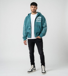 Sudadera con capucha extragrande y gruesa Glory Custom con acabado lavado ácido, estilo con cremallera, estampado en serigrafía y pedrería para unisex. - Product Image 5