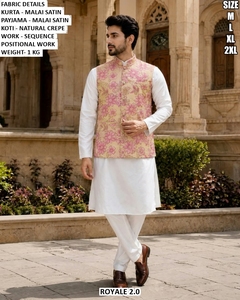 Kurta Payama en satin blanc Malai pour homme Royal 2.0 avec Koti brodé violet, tenue traditionnelle de mariage, tailles M, L, XL, 2XL - Product Image 3