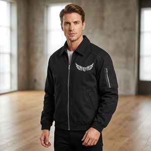 <b>Men's</b> Black Bomber <b>Jacket</b> Canvas Breathable Windproof with Logo Zipper Front Streetwear Style Autumn Wear - Product Image 4