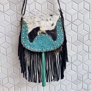 Sac à main à franges en cuir de vachette de style occidental pour femmes avec bordure de couleur turquoise et sac à bandoulière de décoration de lettres - Product Image 1