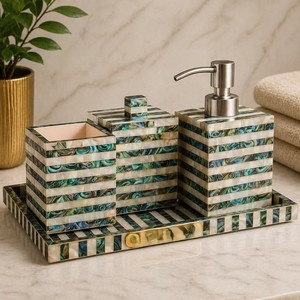 Natural Mother of Pearl Inlay Bathroom <b>Set</b> Glossy MOP <b>Soap</b> Dispenser Toothbrush Holder For Homes Hotel Bathroom Collection - Product Image 1