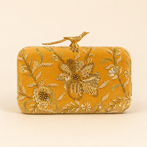 Yellow Velvet Embroidered Beading <b>Clutch</b> <b>Bag</b> Gold Sequin Floral Evening Purse Bird Clasp <b>Wedding</b> Party Handmade Fashion Satin - Product Image 2