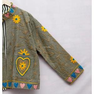 <b>Women</b> Embroidered Floral Hearts Mandarin Collar Long Sleeve Breathable Varsity <b>Jacket</b> Knitted Woven 100% Cotton - Product Image 5