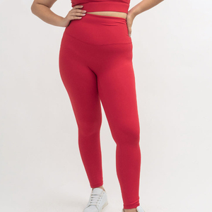 Women 2 Piece Yoga Set <b>Red</b> Seamless High Waist Leggings <b>Crop</b> <b>Top</b> Racerback Solid Color Plus Size Activewear Workout Wear - Product Image 3