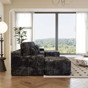 Divano Componibile a 5 Posti con 2 Pouf, Larghezza 150 cm, Comodo Divano a U in Tessuto di Velluto a Coste NERO per Soggiorno - Product Image 5
