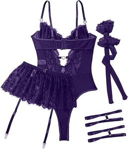 Wire Free Padded Breathable Sexy Solid Woven <b>Lingerie</b> <b>Teddy</b> Bodysuit Skirt Set - Product Image 5