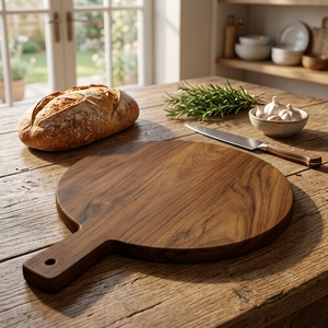 Tabla de cortar circular de teca con mango, pala de pizza de madera, bandeja decorativa artesanal para charcutería, bandeja de cocina. - Product Image 4
