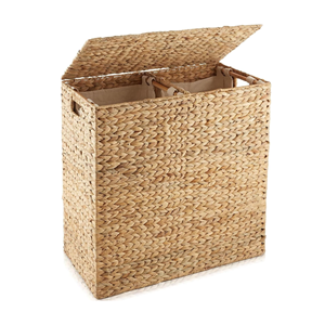 Natural Double Oval Water Hyacinth Laundry <b>Basket</b> with Lid, 2-Section <b>Hamper</b> With Soft Cotton Liner, Wholesale From Vietnam - Product Image 1
