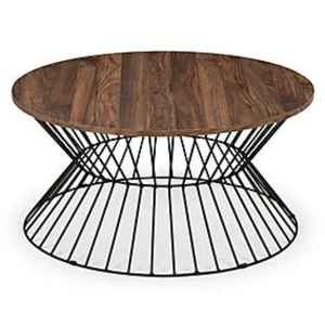 Table basse ronde moderne en bois avec structure métallique, table centrale de salon style ferme avec pieds métalliques robustes, meuble - Product Image 1