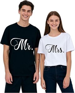 T-shirts de couple assortis en gros, classiques, imprimés « Mr. & Mrs. », cadeau de mariage, décontractés, à manches courtes et col rond - Product Image 5