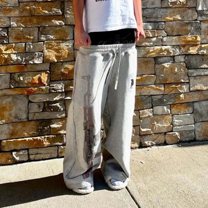 Pantalon Street Guard Y2K taille haute, imprimé et brodé, effet usé, coupe large décontractée, devant plat, 100% Coton, Printemps-Été - Product Image 5