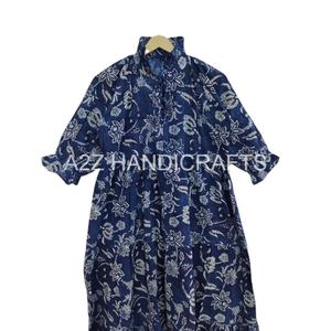 Vestido de algodón hecho a mano de verano con mangas Bloque de mano Impreso Maxi Vestido Estilo dulce para vacaciones Tejido EN LA India - Product Image 3