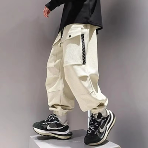 Summer Street Style Solid Color Trousers Men High Waist Elastic Waist Drawstring Bound Feet <b>Cargo</b> <b>Pants</b> Pockets <b>Waterproof</b> - Product Image 6