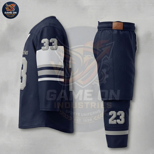 Navy Blue and White Pro Style Team Uniform With Embroidered Numbers & Texture Fabric Custom Ice Hockey Jersey and Pants Sets - Product Image 3