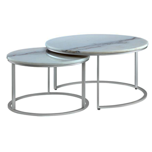 Ensemble de deux tables basses rondes en marbre blanc avec base en métal finition argentée, durables et résistantes, table basse centrale. - Product Image 1