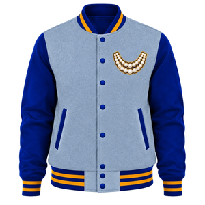 <b>Womens</b> <b>Light</b> Grey Varsity Bomber <b>Jacket</b> Blue Sleeves Pearl Embroidery Detail Gold Trim Snap Button Ribbed Collar Cuffs Outerwear - Product Image 1