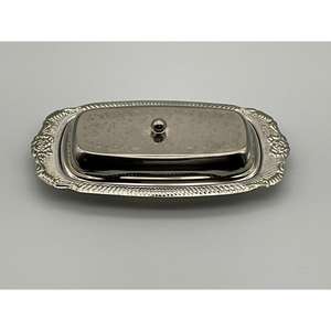 Beurrier rectangulaire élégant en métal argenté vintage avec couvercle, vaisselle à prix abordable - Product Image 1
