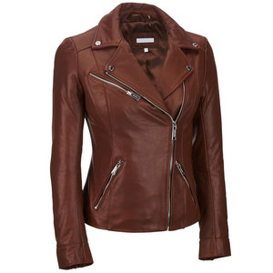 Chaqueta de Motociclista de Cuero Genuino para Mujer, Manga Larga, Cierre de Cremallera, Cuello Abierto, Otoño/Invierno, Color Sólido, Largo Regular, Ajustada - Product Image 1