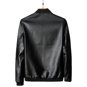 Men's Black <b>Genuine</b> <b>Leather</b> <b>Jacket</b> Stand Collar Zipper Closure Slim Fit Regular Length Solid Color Autumn Wear - Product Image 4