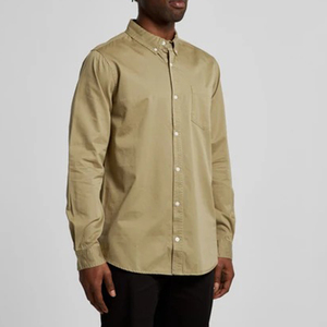 Camisa Elegante de Alta Gama para Hombre, Cuello Mao, Popelina de Algodón, Cierre Frontal, Color Liso, Primavera, Manga Larga, Color Caqui - Product Image 3