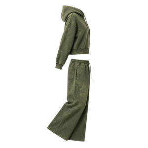 Conjunto de chándal de dos piezas para mujer, talla grande, verde oliva, con lavado ácido, sudadera con capucha y cremallera, y pantalones de chándal de pierna ancha, estilo casual urbano para invierno - Product Image 3