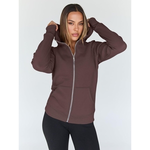 Women Hooded Zip-Up Sweatshirt Solid <b>Brown</b> Full Sleeve Knitted Cotton Breathable Casual Autumn Wear - Product Image 2