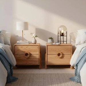 Table de chevet moderne en chêne massif à 2 tiroirs, style scandinave minimaliste, armoire de rangement pour chambre à coucher - Product Image 3
