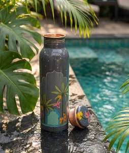 Botella de agua de cobre de diseño oriental con patrón de palmera, portátil, para viaje, con tapa, botella de agua de cobre puro. - Product Image 6