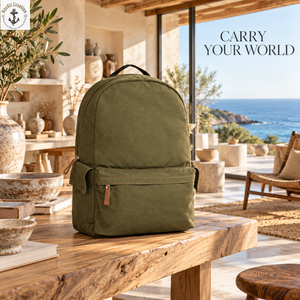 Mochila de Lona Verde Oliva con Bolsillo Frontal con Cremallera y Asa Superior |   Mochila clásica para el día a día con textura tejida y tiras laterales - Product Image 4
