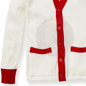Cardigan en tricot blanc et rouge pour fraternité et sororité, à manches longues et boutons, pour hommes et femmes, pull à col en V pour hommes, tenue universitaire - Product Image 4