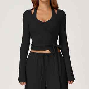 <b>Wrap</b> Front Long Sleeve Crop <b>Top</b> With Halter Neck Detail & Adjustable Tie Waist Stretchy Fabric Daily Wear Yog Sets - Product Image 4