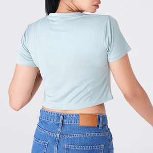 Women's Light <b>Blue</b> <b>Crop</b> <b>Top</b> Crew Neck Short Sleeve Solid Color Casual T-Shirt Spring Summer Style - Product Image 5