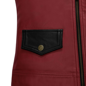 <b>Men's</b> Red Genuine Leather Biker Vest With <b>Black</b> Lapels Zipper Motorcycle <b>Waistcoat</b> - Product Image 6