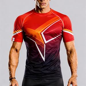 T-shirt de sport pour homme à manches courtes, rayé rouge, bleu et gris, en polyester à séchage rapide, pour la natation et les activités sportives - Product Image 3