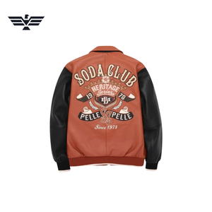 Veste universitaire en cuir PU orange pour homme EMPIRE TREND WEARS, logo brodé, doublure en laine coupe-vent, fermeture éclair, col montant - Product Image 3