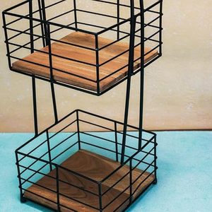 Étagère de rangement de cuisine en métal à double niveau avec poignée en bois, style industriel, organisateur multifonctionnel - Product Image 4