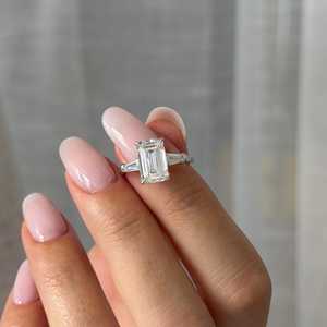 3 Carat <b>Emerald</b> Cut Lab Diamond and Tapered Baguettes Three Stone <b>Ring</b> in White Gold, IGI Certified - Product Image 4