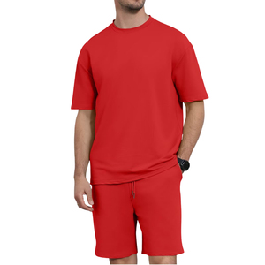 Men's Red Solid Color V-neck Plus Size Heat-Transfer Printed T-Shirt and Shorts <b>Set</b> Casual Summer <b>Knitted</b> Cotton 2-Piece Outfit - Product Image 6