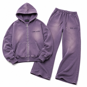 Conjunto Deportivo ONE APEX para Mujer, Sudadera con Capucha Oversize Lavada al Ácido con Cremallera Completa, Pantalones Anchos de Felpa Francesa Gruesa, Color Morado Ahumado, Estilo Urbano - Product Image 4