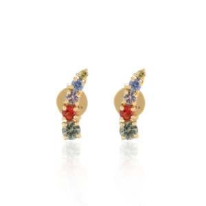 18K Solid <b>Gold</b> Multi Gemstone Dainty <b>Climber</b> Stud <b>Earrings</b> with Pear Cut Diamond Emerald Sapphire - Product Image 3