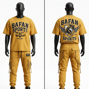 เสื้อยืดเจอร์ซีย์ผ้าฝ้ายผสมเนื้อนุ่ม 260 GSM สำหรับผู้ชาย และกางเกงจ็อกเกอร์คาร์โก้ สีเหลืองมัสตาร์ด พิมพ์ลายสกรีนตามสั่ง ชุดเซ็ตสำหรับผู้ชาย - Product Image 4