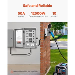 Kit Interruttore di Trasferimento Manuale ATS per Generatore, 50 Ampere, 10 Circuiti, Pre-cablato, con Scatola di Ingresso Alimentazione a Doppia Presa, Modello CS6375 - Product Image 2