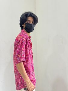 <b>Men's</b> Pink <b>Paisley</b> Print Short Sleeve V-neck Casual <b>Shirt</b> Knitted 100% Silk Breathable Quick Dry Eco-Friendly Summer Wear - Product Image 3