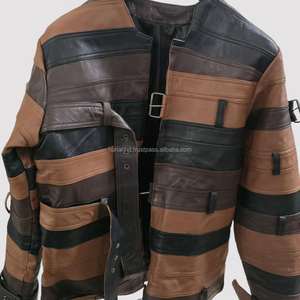 Men's Patchwork Leather <b>Jacket</b> Vintage Style Belted V-Neck Moto Coat Multicolor Striped Genuine Leather Outerwear Autumn Wear - Product Image 4