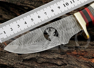 Cuchillo de caza OEM Wirecut de acero de Damasco, tipo Skinner, con mango de asta de ciervo, hoja fija, para camping, actividades al aire libre y EDC, con funda de cuero. - Product Image 4